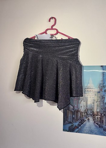 Bershka Siyah parıltılı pilili Mini Etek - Görsel 3