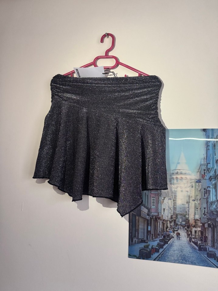 Bershka Siyah parıltılı pilili Mini Etek - Görsel 3