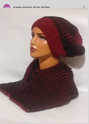 Bordo Örgü Kadın Bere atkı takımı - Görsel 2