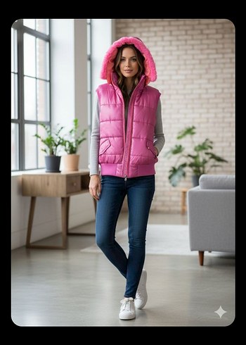 Kız Çocuk Pembe Baskılı Fermuarlı Yelek - Görsel 3