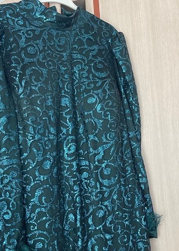 Uzun Kollu Yüksek Yakalı zümrüt yeşili  Abiye Elbise - Görsel 2