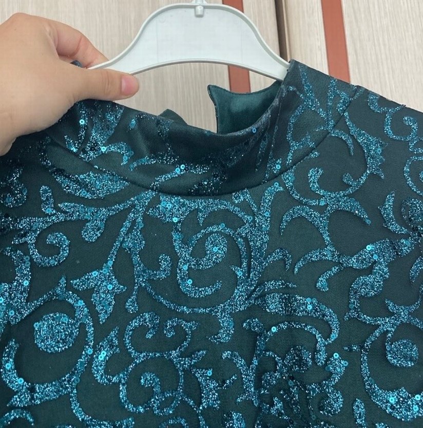 Uzun Kollu Yüksek Yakalı zümrüt yeşili  Abiye Elbise - Görsel 3