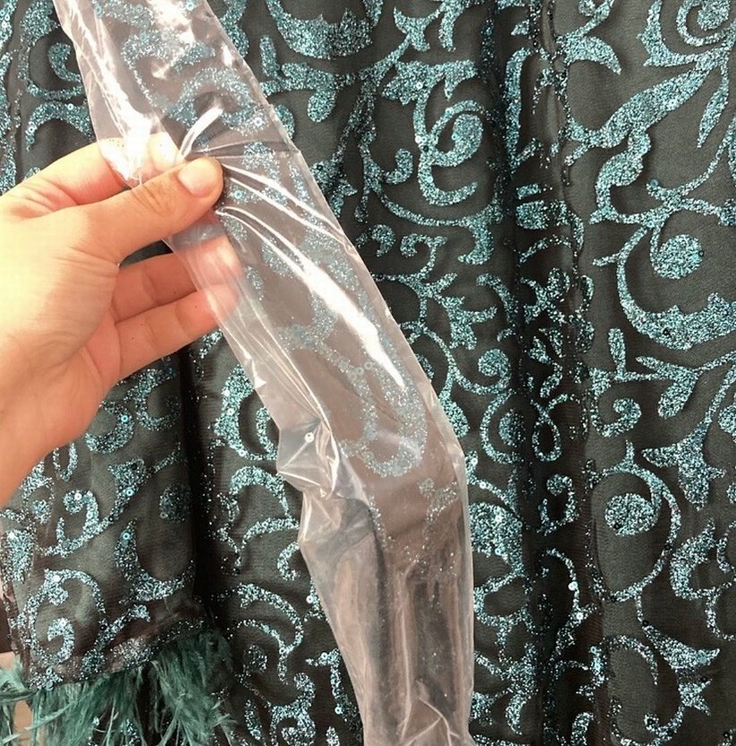 Uzun Kollu Yüksek Yakalı zümrüt yeşili  Abiye Elbise - Görsel 5