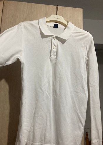 Polo yaka beyaz uzun kollu tişört - Görsel 4
