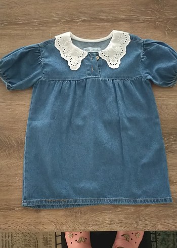 Kız Çocuk Mavi Denim Dantel Yakalı Elbise