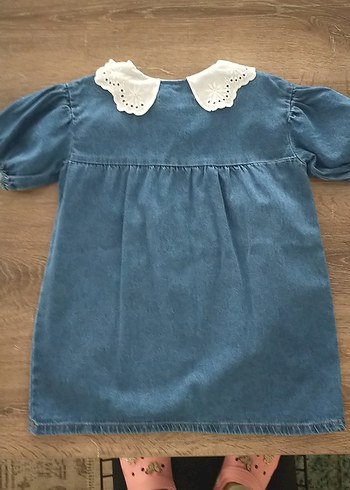6 Yaş Beden Kız Çocuk Mavi Denim Dantel Yakalı Elbise