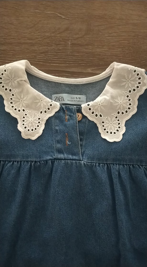 Kız Çocuk Mavi Denim Dantel Yakalı Elbise - Görsel 2