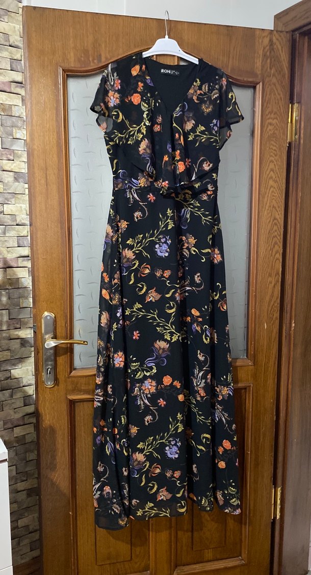 V Yaka, Kısa Kollu, Baskılı uzun Elbise - Görsel 2