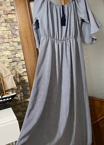 Gri Uzun Keten Bohem Elbise - Görsel 6