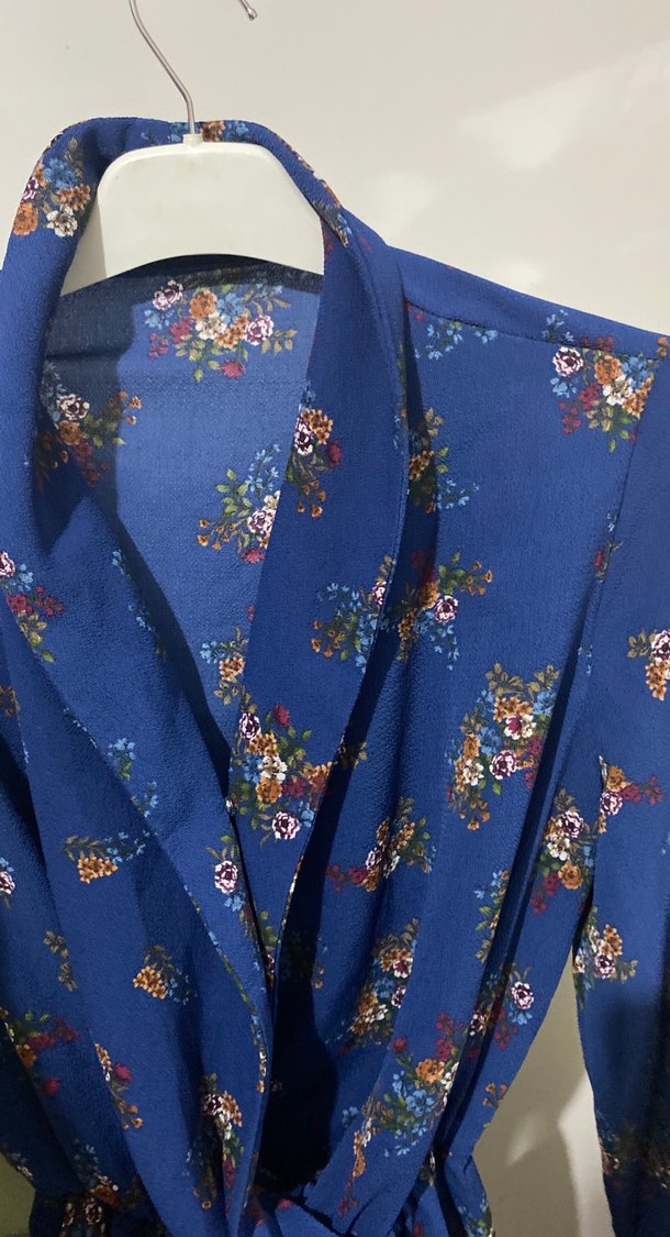 Mavi Çiçek Desenli Bohem Kadın Kimono - Görsel 2