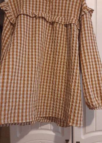 xl Beden ten rengi Renk Bej Kareli Fırfırlı Keten Midi Tunik