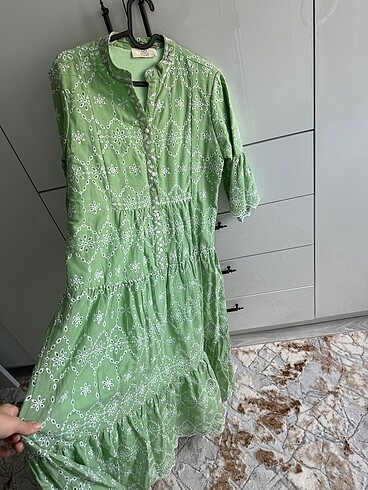 l Beden yeşil Renk Brode midi boy elbise