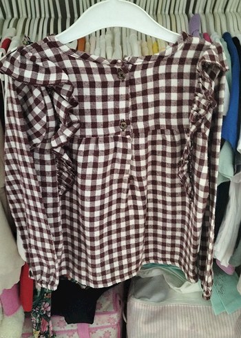 Bordo Kareli Uzun Kollu Fırfırlı Bluz - Görsel 5