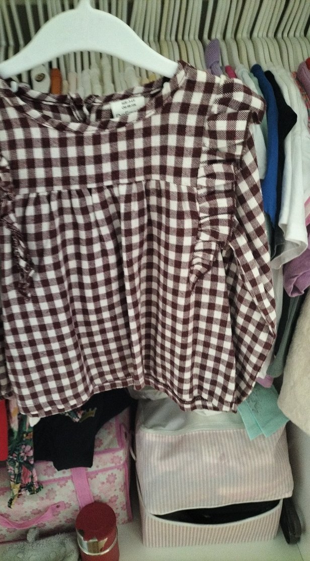 Bordo Kareli Uzun Kollu Fırfırlı Bluz - Görsel 4