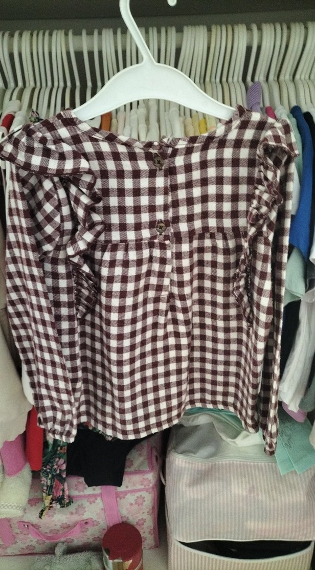 Bordo Kareli Uzun Kollu Fırfırlı Bluz - Görsel 5