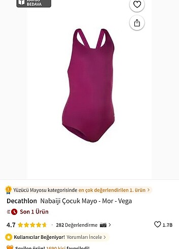 10 Yaş Beden Decathlon Nabaiji kız çocuk mayo