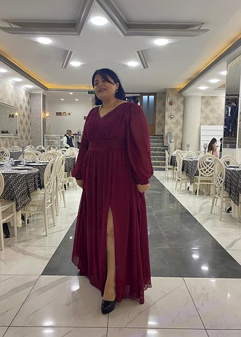 Bordo Uzun V Yaka Kadın Abiye Elbise - Görsel 2