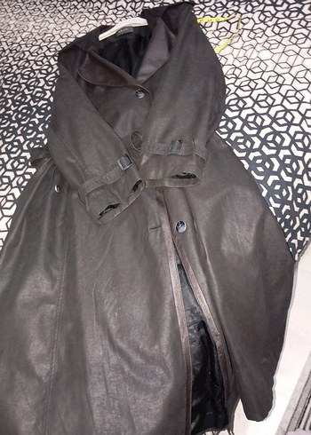 Kadın Siyah Deri Kemerli Uzun Trençkot - Görsel 5