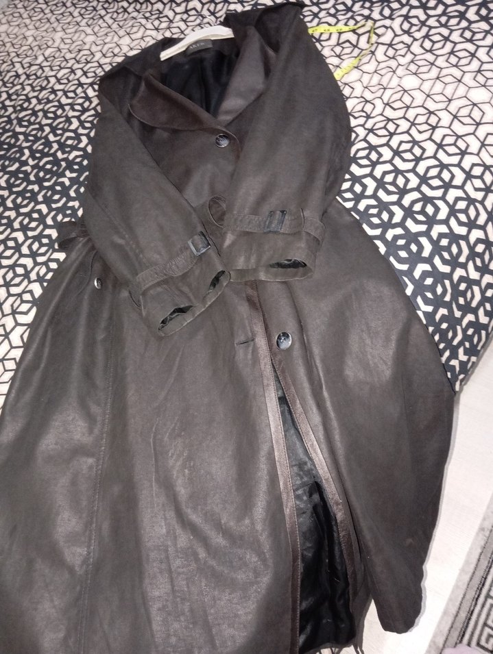 Kadın Siyah Deri Kemerli Uzun Trençkot - Görsel 5