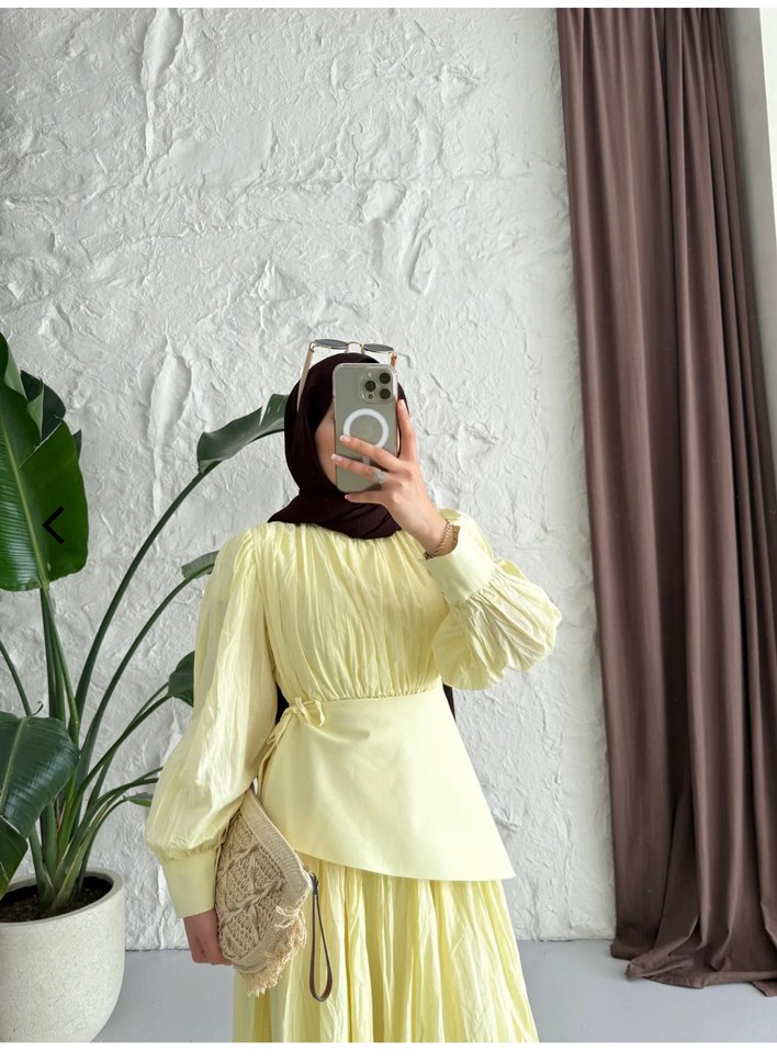 Sarı Uzun Keten Elbise - Görsel 2