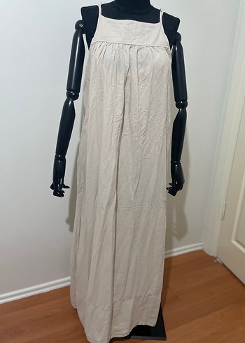 Bej Askılı Bol Kesim Uzun Keten Elbise - Görsel 2