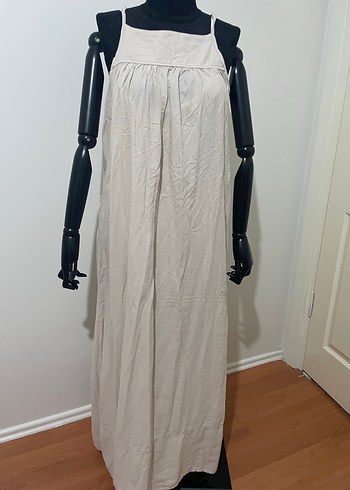 Bej Askılı Bol Kesim Uzun Keten Elbise - Görsel 3