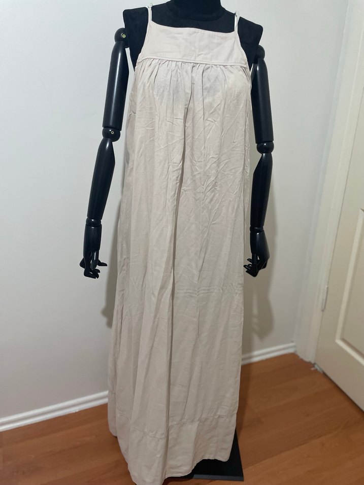 Bej Askılı Bol Kesim Uzun Keten Elbise - Görsel 2