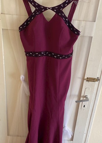 Bordo V Yaka Uzun Abiye Elbise - Görsel 2