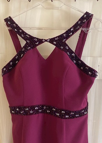 Bordo V Yaka Uzun Abiye Elbise - Görsel 3