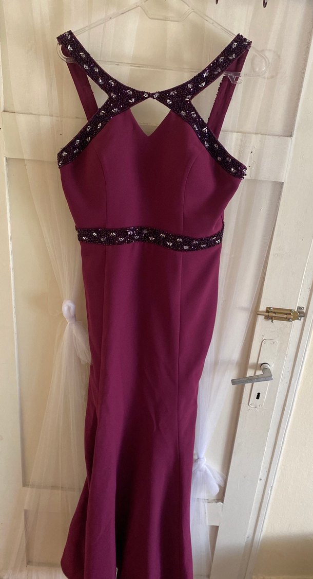 Bordo V Yaka Uzun Abiye Elbise - Görsel 2