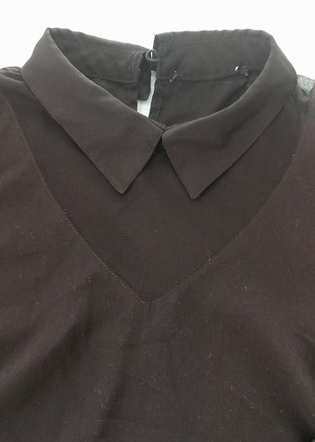 Diğer Düğmeli V Tül Yakalı siyah Kadın Gömlek