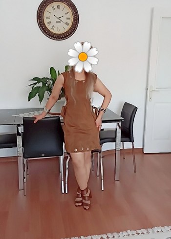 Kahverengi Süet Kemerli kısa Kadın Elbise