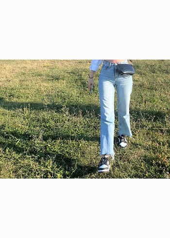 32 Beden mavi Renk Kadın Mavi Bağcıklı Regular Fit Denim Pantolon