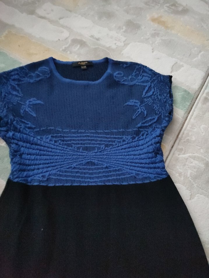 Kısa Kollu Mavi-Siyah Midi Elbise - Görsel 3