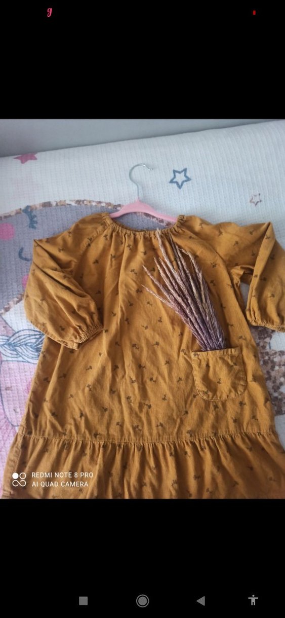 Kız Çocuk hardal Nakışlı Keten Elbise - Görsel 4