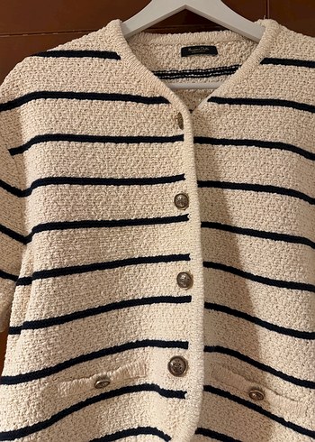 Massimo Bej Çizgili Düğmeli Kısa Kollu Hırka - Görsel 3