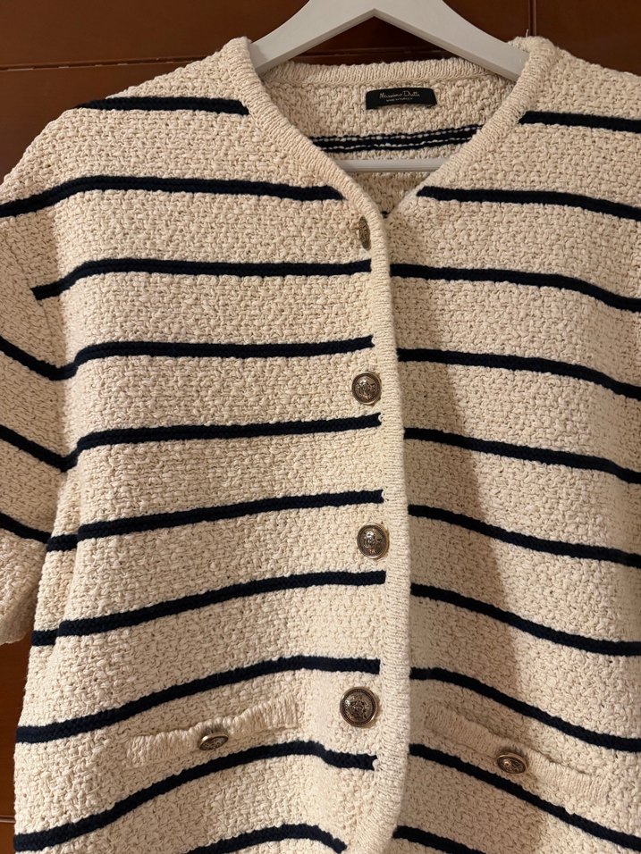 Massimo Bej Çizgili Düğmeli Kısa Kollu Hırka - Görsel 3