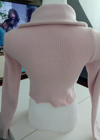s Beden pembe Renk Pembe Yarım Fermuarlı İnce Triko Kazak