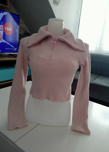Pembe Yarım Fermuarlı İnce Triko Kazak