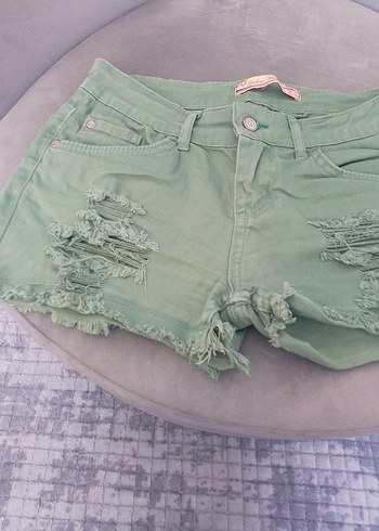 Düğmeli Loose Fit Yeşil Mini Denim Şort - Görsel 2