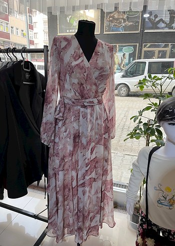 Pembe Gri Batik Desenli Uzun Bohem Elbise