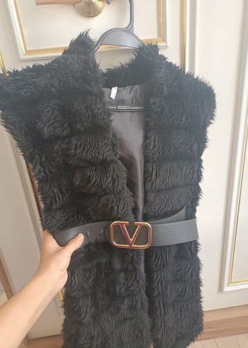 Kürk Detaylı Siyah Süet Uzun Kadın Yelek - Görsel 3