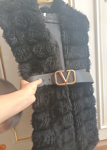 Kürk Detaylı Siyah Süet Uzun Kadın Yelek - Görsel 4