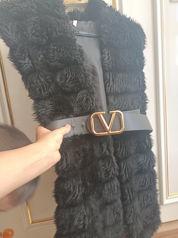 Kürk Detaylı Siyah Süet Uzun Kadın Yelek - Görsel 4