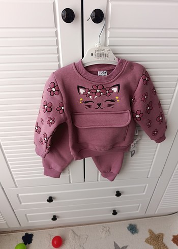 Çiçek Desenli Pembe Kız Bebek Triko Takım - Görsel 3