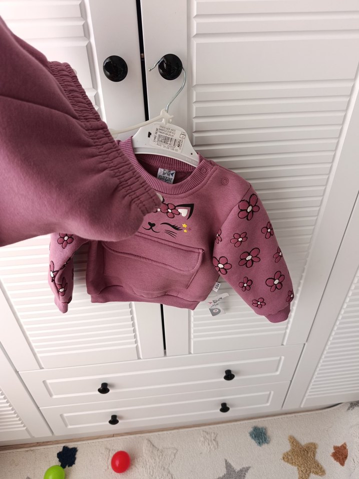 Çiçek Desenli Pembe Kız Bebek Triko Takım - Görsel 4