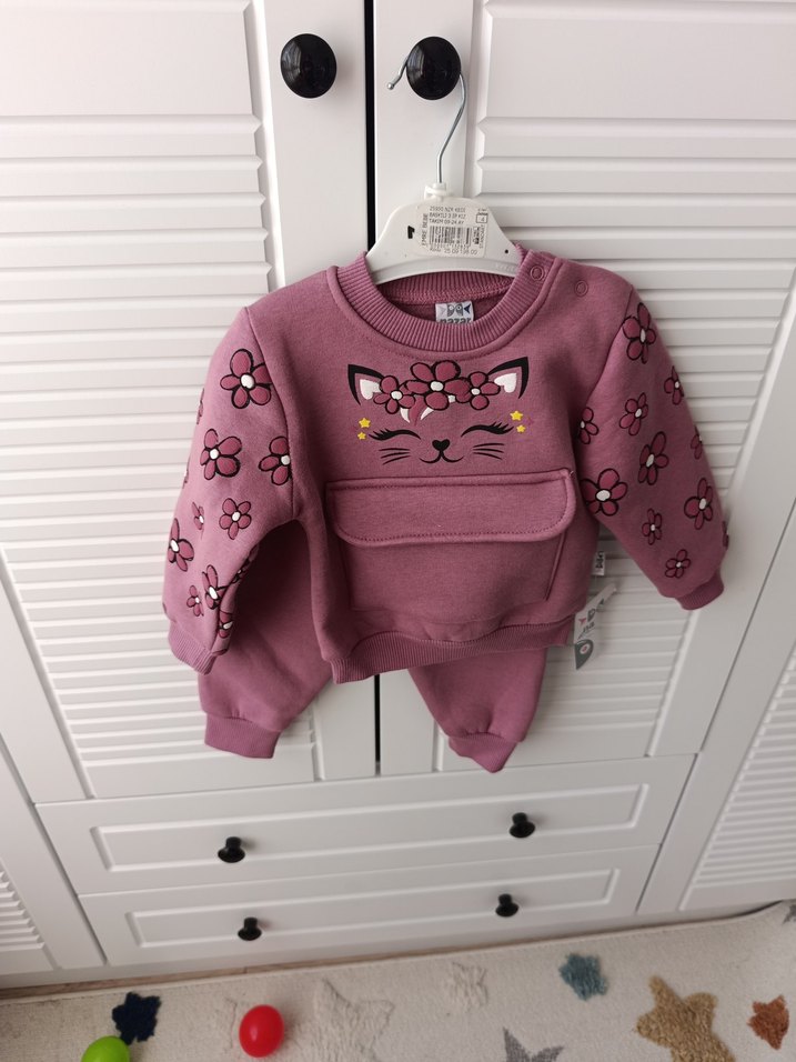 Çiçek Desenli Pembe Kız Bebek Triko Takım - Görsel 3