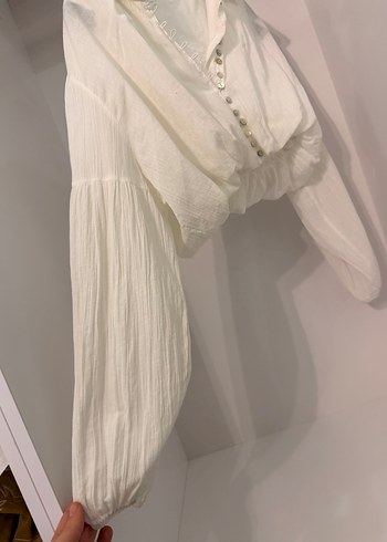 Düğmeli Beyaz Keten Kadın Gömlek - Görsel 2