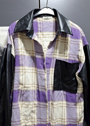 Düğmeli Mor Deri Detaylı Kadın kolları deri  ceket - Görsel 3