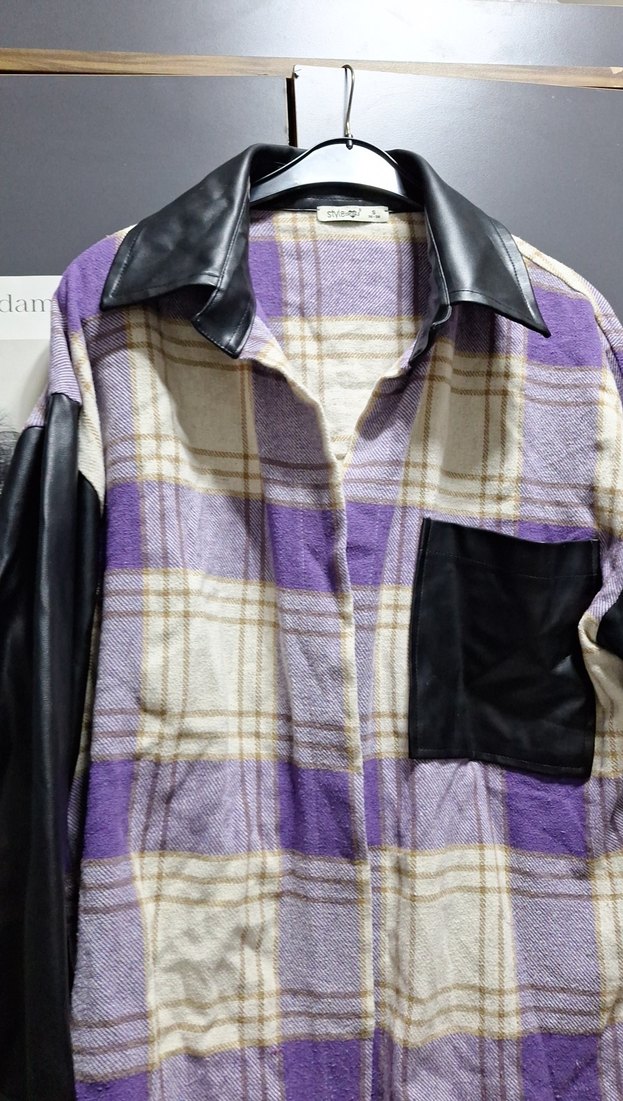 Düğmeli Mor Deri Detaylı Kadın kolları deri  ceket - Görsel 2